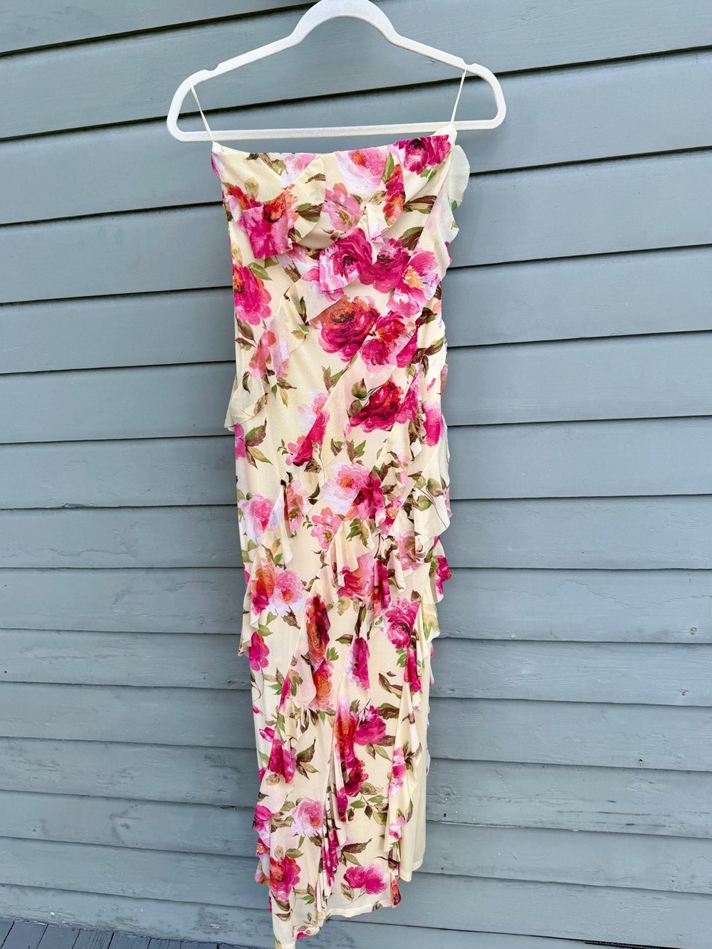 Floral Strapless Maxi Dress with Pink Rose Print